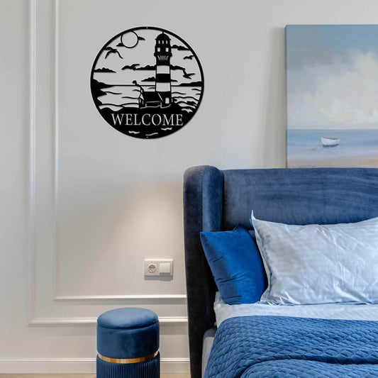 Leuchtturm Metall Wanddeko Schwarz Size: 30L x 29.5B cm