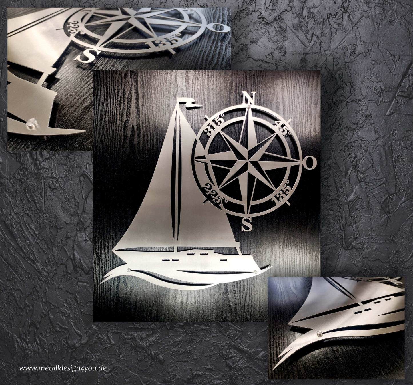 maritime wanddeko schiff mit kompass aus edelstahl