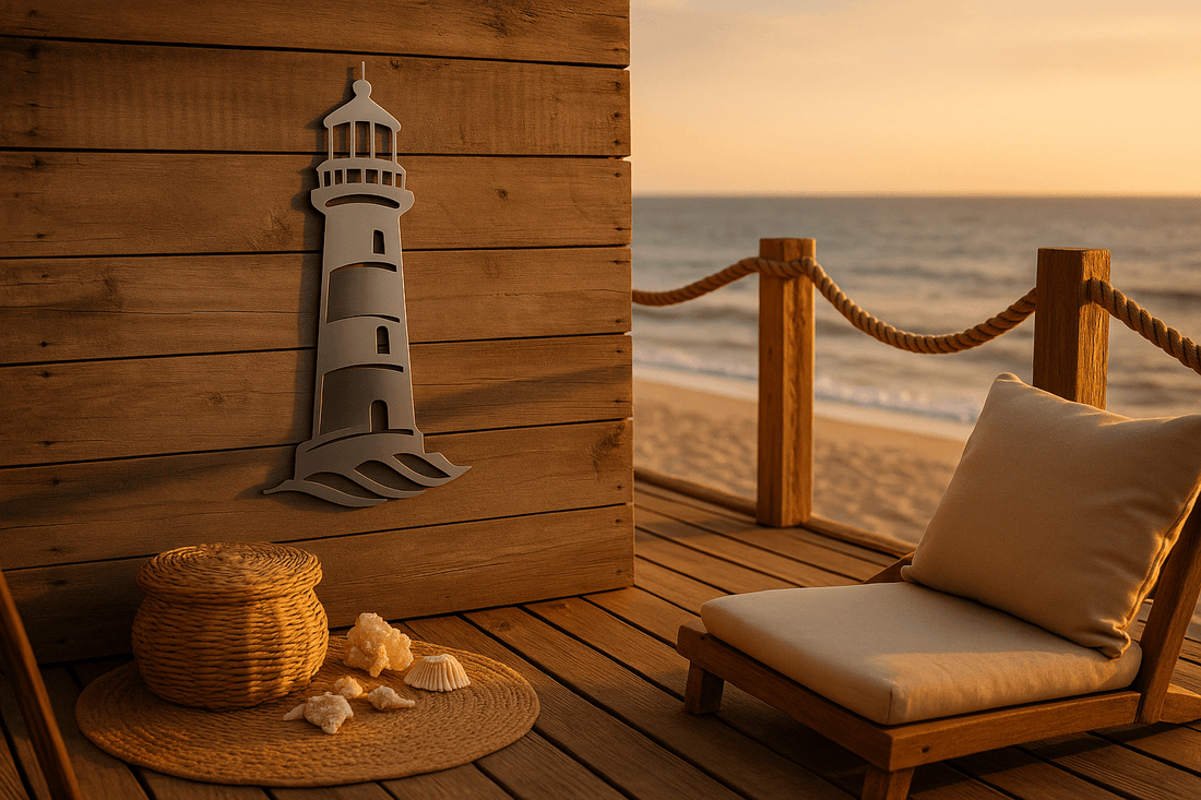 Edelstahl-Leuchtturm als Wanddeko auf Strandterrasse mit Meerblick und maritimen Details bei Sonnenuntergang.