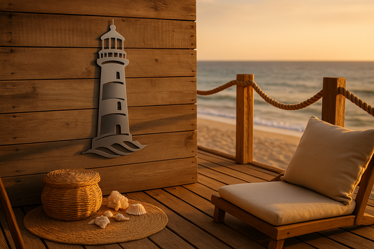 Edelstahl-Leuchtturm als Wanddeko auf Strandterrasse mit Meerblick und maritimen Details bei Sonnenuntergang.
